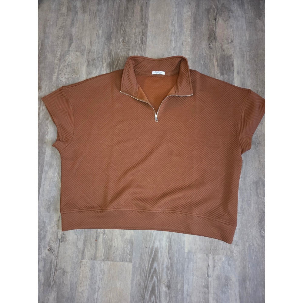 Double Take Rust Brown Quilted Geometric Quarter Zip Short Sleeve Pullover XL